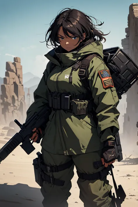 female soldier, desert, marching alone, carrying a large gatling gun on her shoulder, modern combat gear, outdoor battle suit, s...