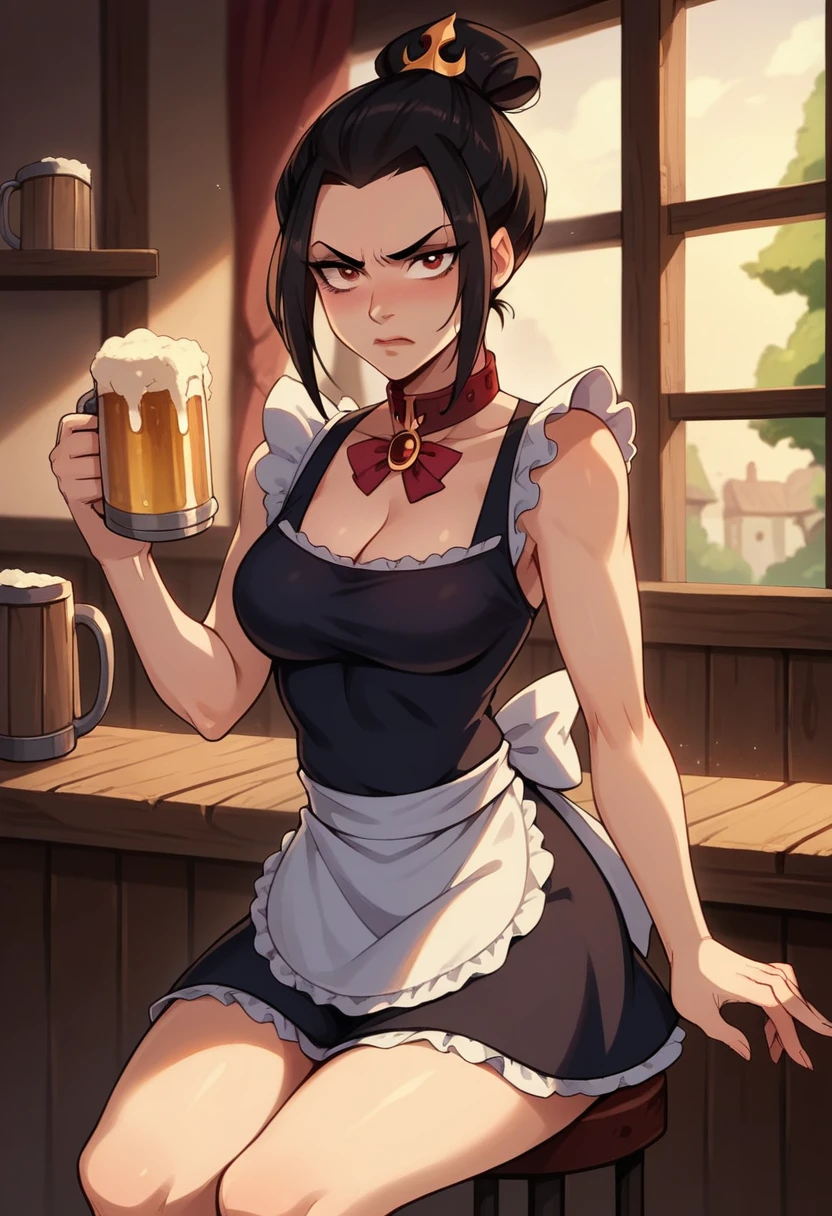 azula, alone, 1girl, Beautiful, Best Quality, extremely detailed face, perfect lighting, cowboy shot, sitting on stool inside Tavern, Holding beer mug, middle finger, flipping off, cute, jawline, perfect body, perky cleavage, messy hair bun, mascara, annoyed, blushing, blushful, Collar, red brooch, sleeveless, tank-top, apron, maid, barmaid, barmaid outfit, daytime , window, trees outside window, soft light 