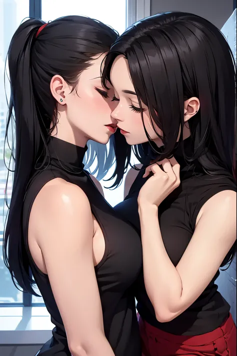 two woman's hot kiss, sleeveless turtleneck shirt and elastic shorts, red lips, woman left, black hair; woman rigth, red hair, c...