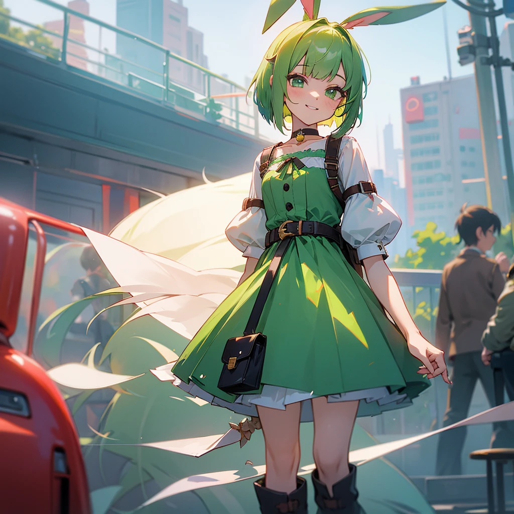 (long Green rabbit ears), green animal ears, (1 girl), green hair, green eyes, bob cut, thin eyebrows, smiling, young, alone, Lolita, childhood, short, blouse, coat,choker, long boots, red hood, harness, fingerless globe, belt, waist pouch, in the city, cafe, tiny, baby face, pastel academia, cel anime