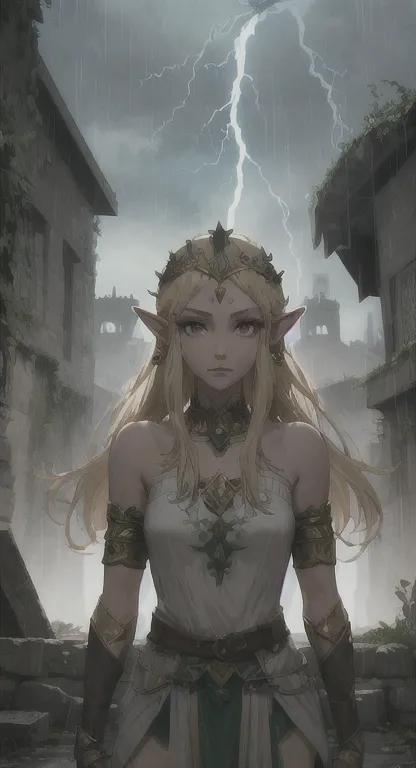 ancient hylian, devine princess hylia, blonde, red eyes, glaring at viewer, pov, ancient devine armor, long messy hair, ruined h...