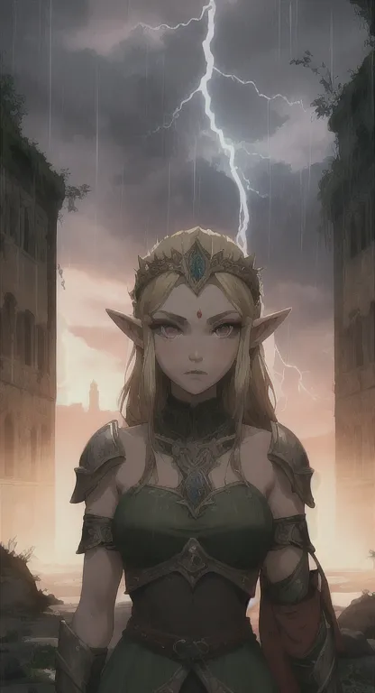 ancient hylian, devine princess hylia, blonde, red eyes, glaring at viewer, pov, ancient devine armor, long messy hair, ruined h...