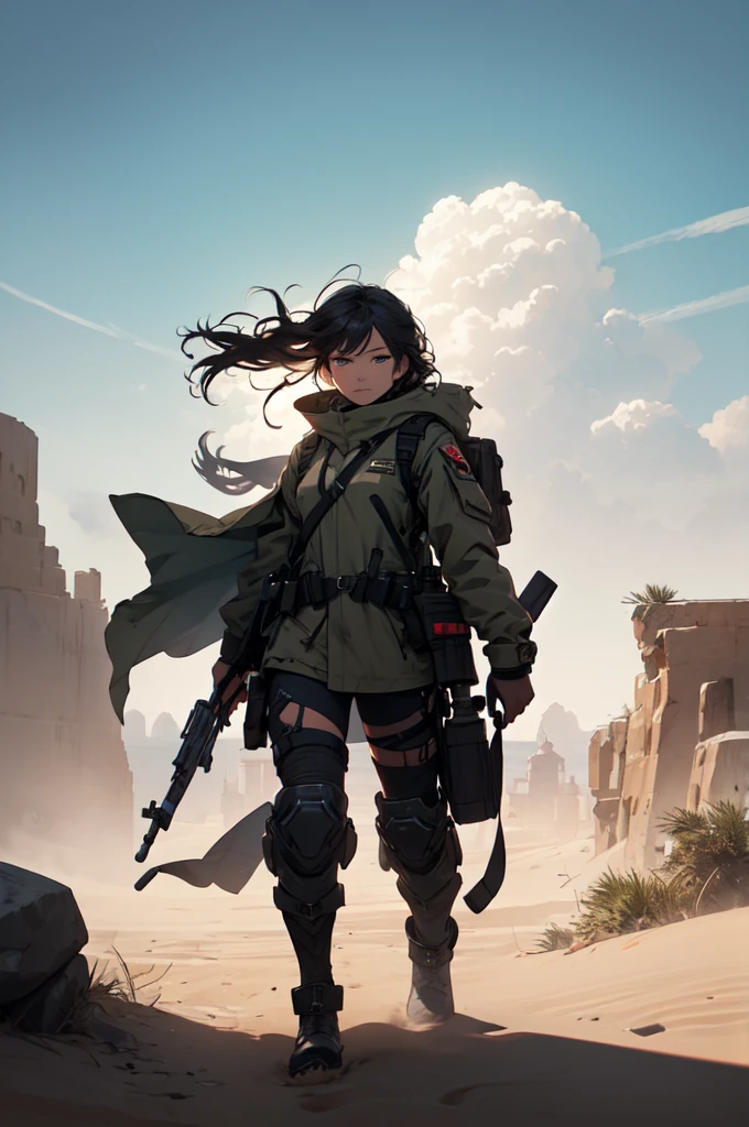 (long shot), female soldier, desert, marching alone, carrying a large gatling gun on her shoulder, modern combat gear, outdoor battle suit, slightly futuristic or sci-fi, dirty and rugged look, predawn or cloudy sky, strong winds blowing against her body, conveying a harsh desert march, wind-blown hair, clothing, and equipment, wearing a hooded heavy robe or coat over her combat gear, dark color, tattered and frayed, worn but with a cool silhouette, dark fabric covering the lower half of her face for dust protection, sharp eyes, dreadlocks tied messily, veteran soldier face, Black woman, toned muscles, strong spirit, named soldier, anime style, painted, concept art, simple and rough background, character sheet style, focusing on the character details, no scorching sun, emphasizing the struggle against the wind and sand
