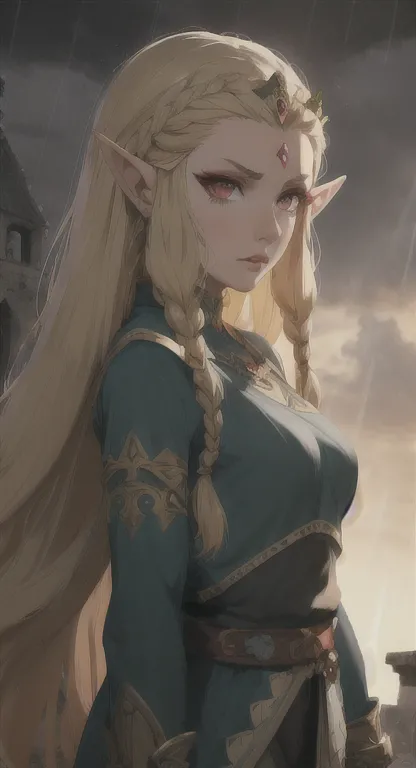 ancient hylian, devine heroine, princess hylia, blonde, red eyes, glaring at viewer, ancient devine armor, long messy hair, anci...