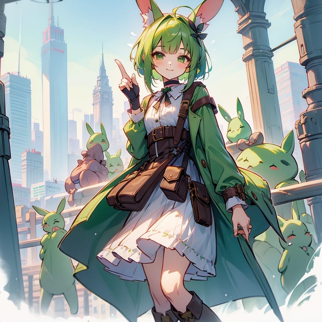 (long Green rabbit ears), green animal ears, (1 girl), green hair, green eyes, bob cut, thin eyebrows, smiling, young, alone, Lolita, childhood, short, blouse, coat,choker, long boots, red hood, harness, fingerless globe, belt, waist pouch, in the city, cafe, tiny, baby face, pastel academia, cel anime