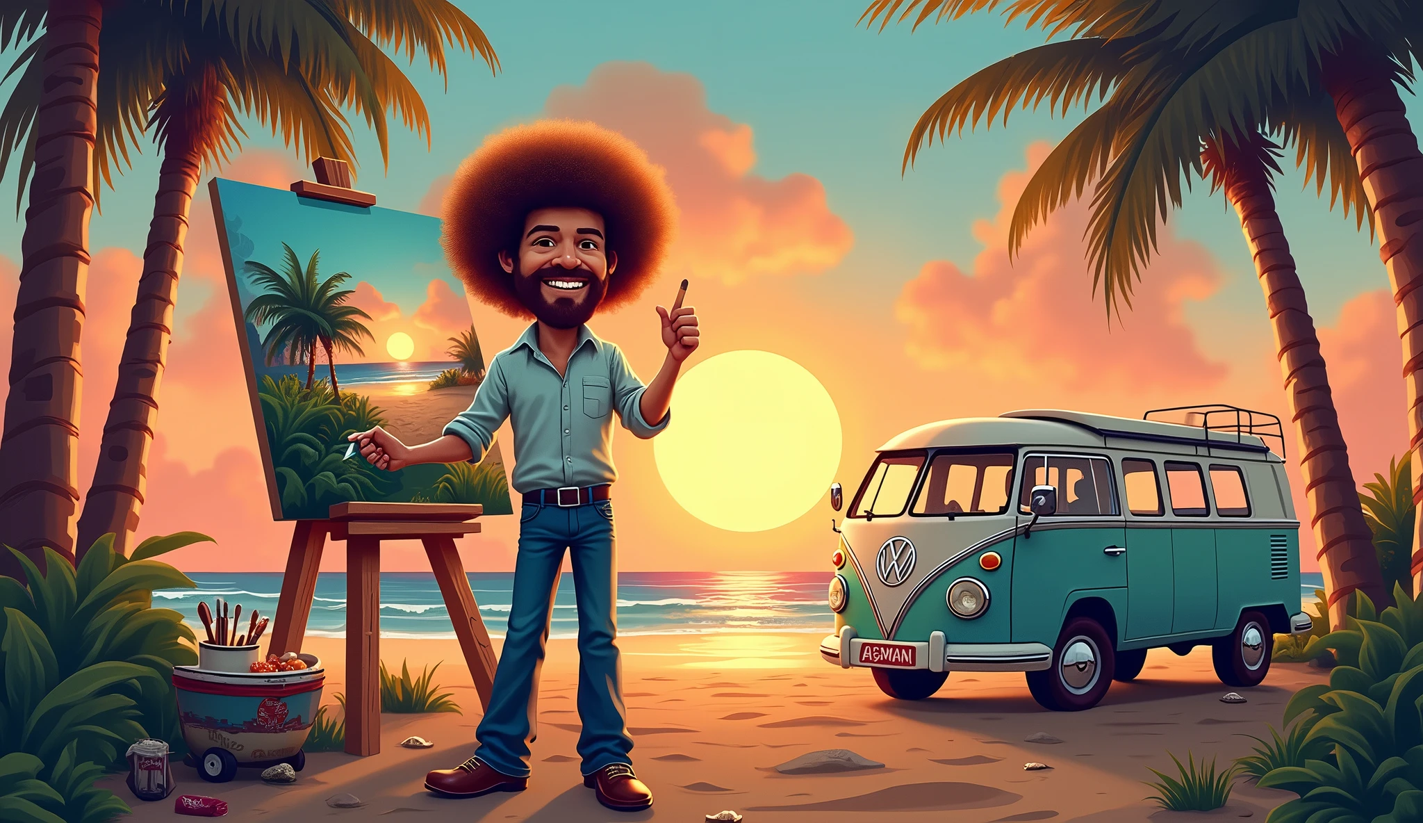 Dirt road, hippie Volkswagen, ocean, beach, trees, sunset,CARICATURE OF BOB ROSS PAINTING A LANDSCAPE, SHIRT, JEANS, BEACH,. the plate says "ASSMAN",