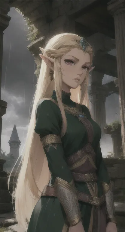 ancient hylian, devine heroine, princess hylia, blonde, red eyes, glaring at viewer, ancient devine armor, long messy hair, anci...