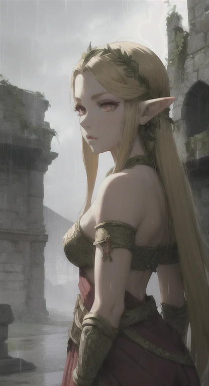 Ancient Hylian, Devine heroine, princess Hylia, blonde, red eyes, glaring at viewer, ancient Devine armor, long messy hair, ruined Hyrule, medieval castle ruins, thunderstorm, rain,