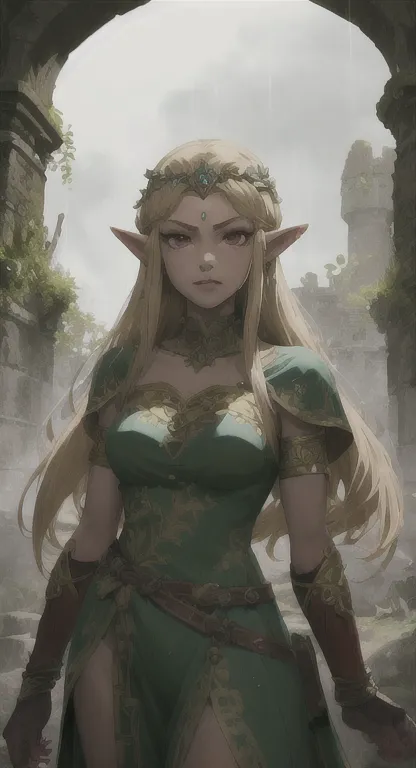 ancient hylian, devine heroine, princess hylia, blonde, red eyes, glaring at viewer, ancient devine armor, long messy hair, ruin...