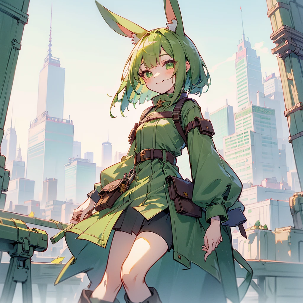 (long Green rabbit ears), green animal ears, (1 girl), green hair, green eyes, bob cut, thin eyebrows, smiling, young, alone, Lolita, childhood, short, overall, coat, long boots, red hood, harness, fingerless globe, belt, waist pouch, in the city, tiny, baby face, pastel academia, cel anime