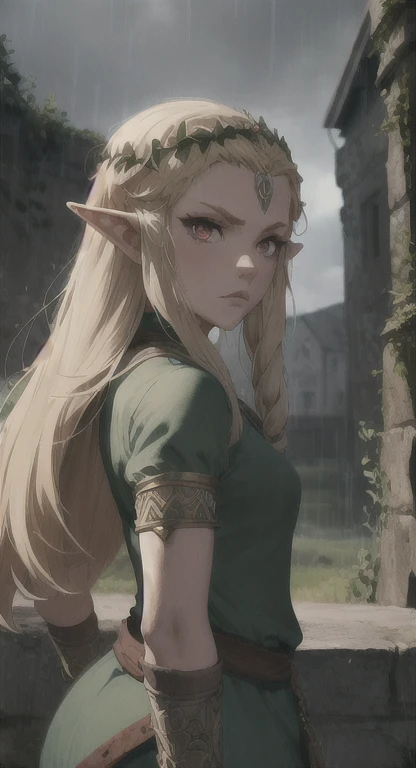 Ancient Hylian, Devine heroine, princess Hylia, blonde, red eyes, glaring at viewer, ancient Devine armor, long messy hair, destroyed Hyrule, medieval castle ruins, thunderstorm, rain,