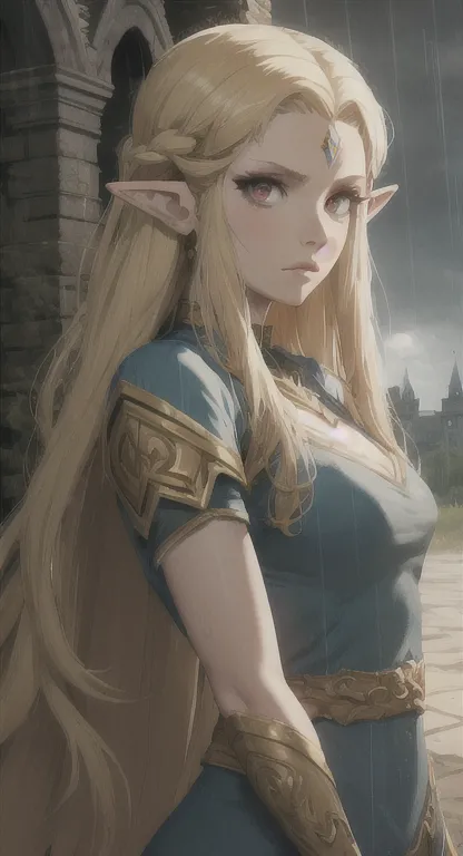 ancient hylian, devine heroine, princess hylia, blonde, red eyes, glaring at viewer, ancient devine armor, long messy hair, dest...