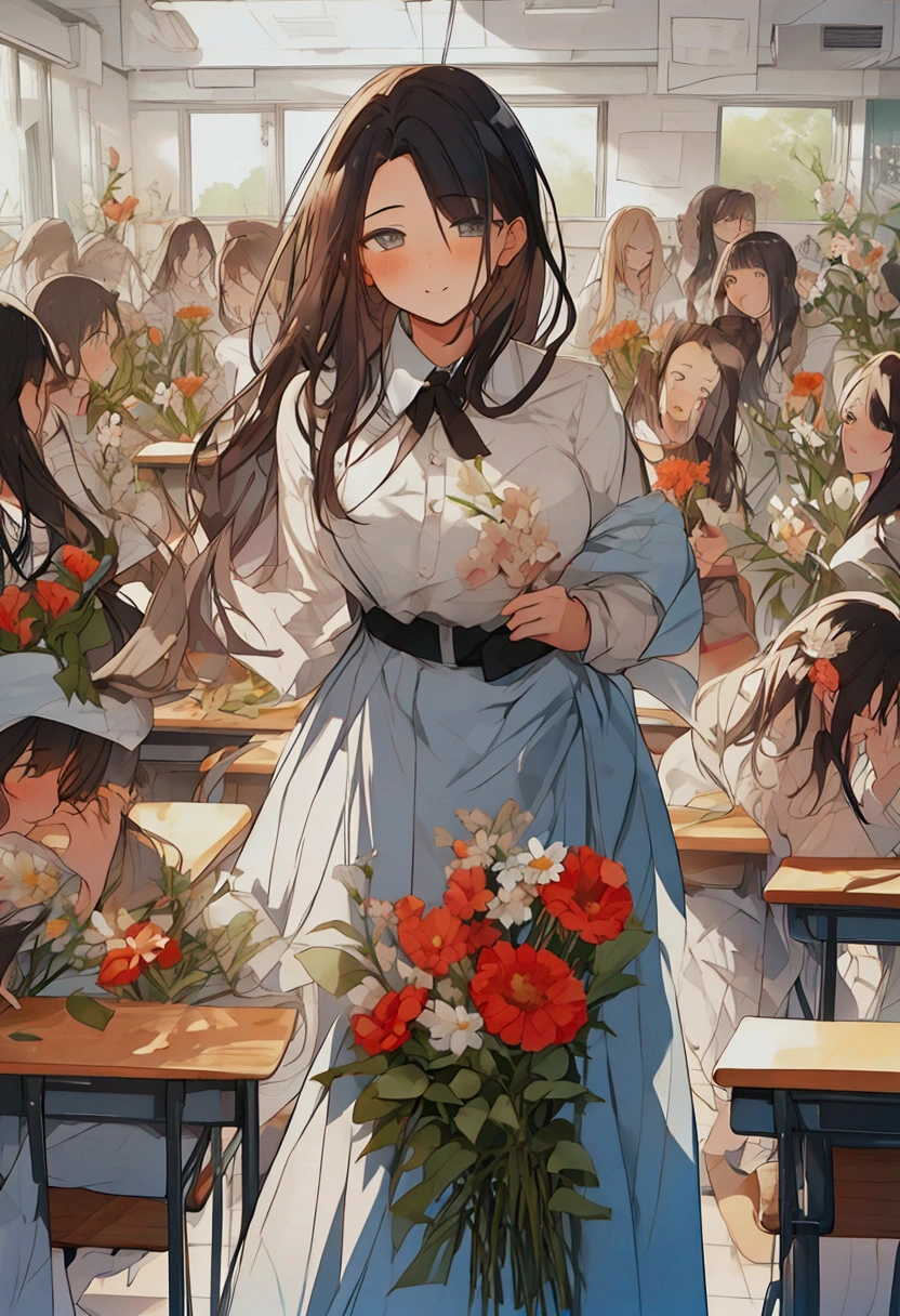 Teacher's Day illustration, a lovely teacher holding flowers, surrounded by a group of students, in a classroom