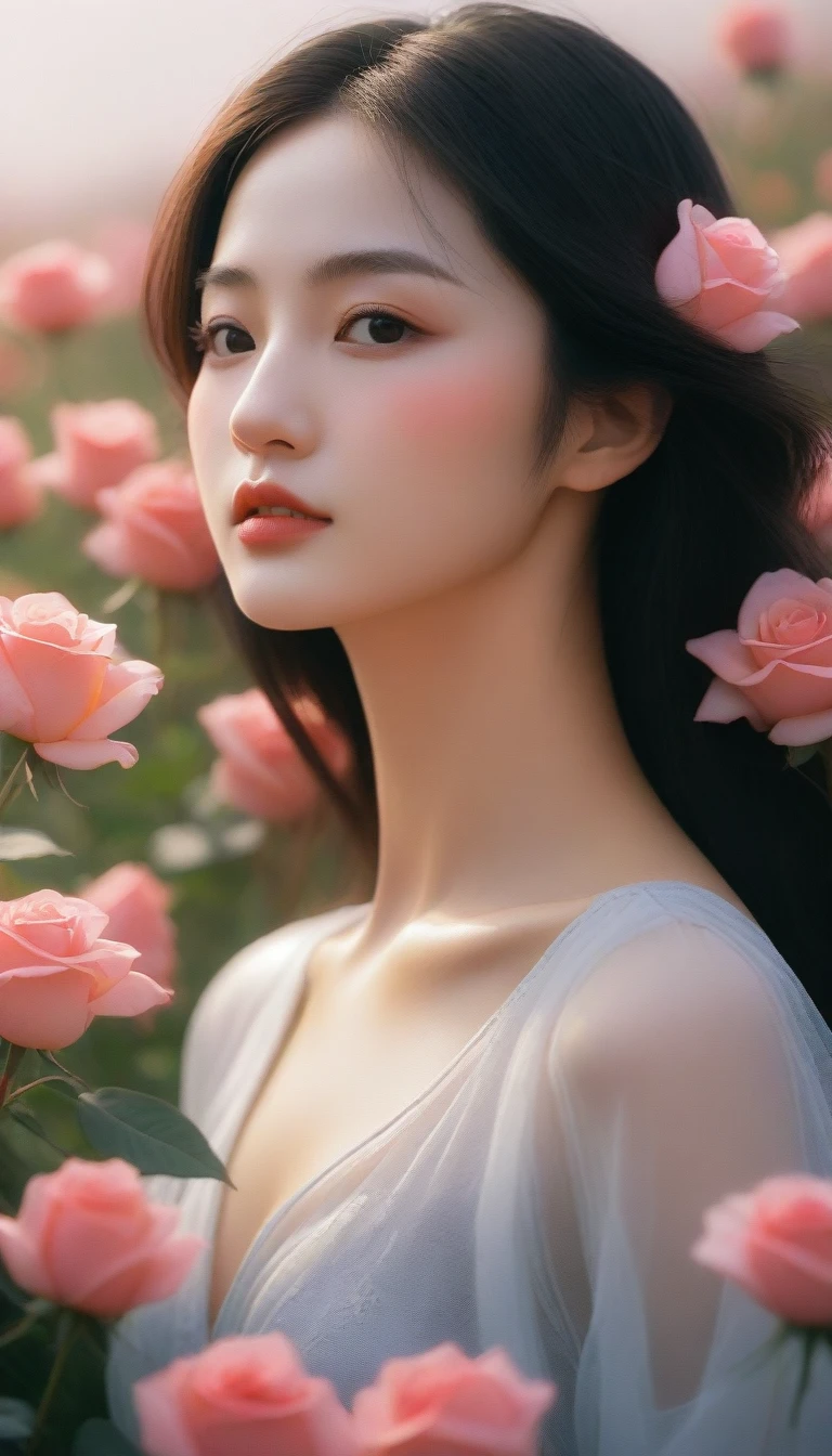 Close-up of a woman holding a rose in a flower field, Gwaiz, Beautiful digital art, artwork in the style of Gwaiz, Beautiful digital illustrations, Chen Lin, In the art style of Bouwater, Jan J, 🌺 society, Beautiful artwork illustration, Beautiful digital painting, Realistic. Chen Yi, Beautiful character drawings