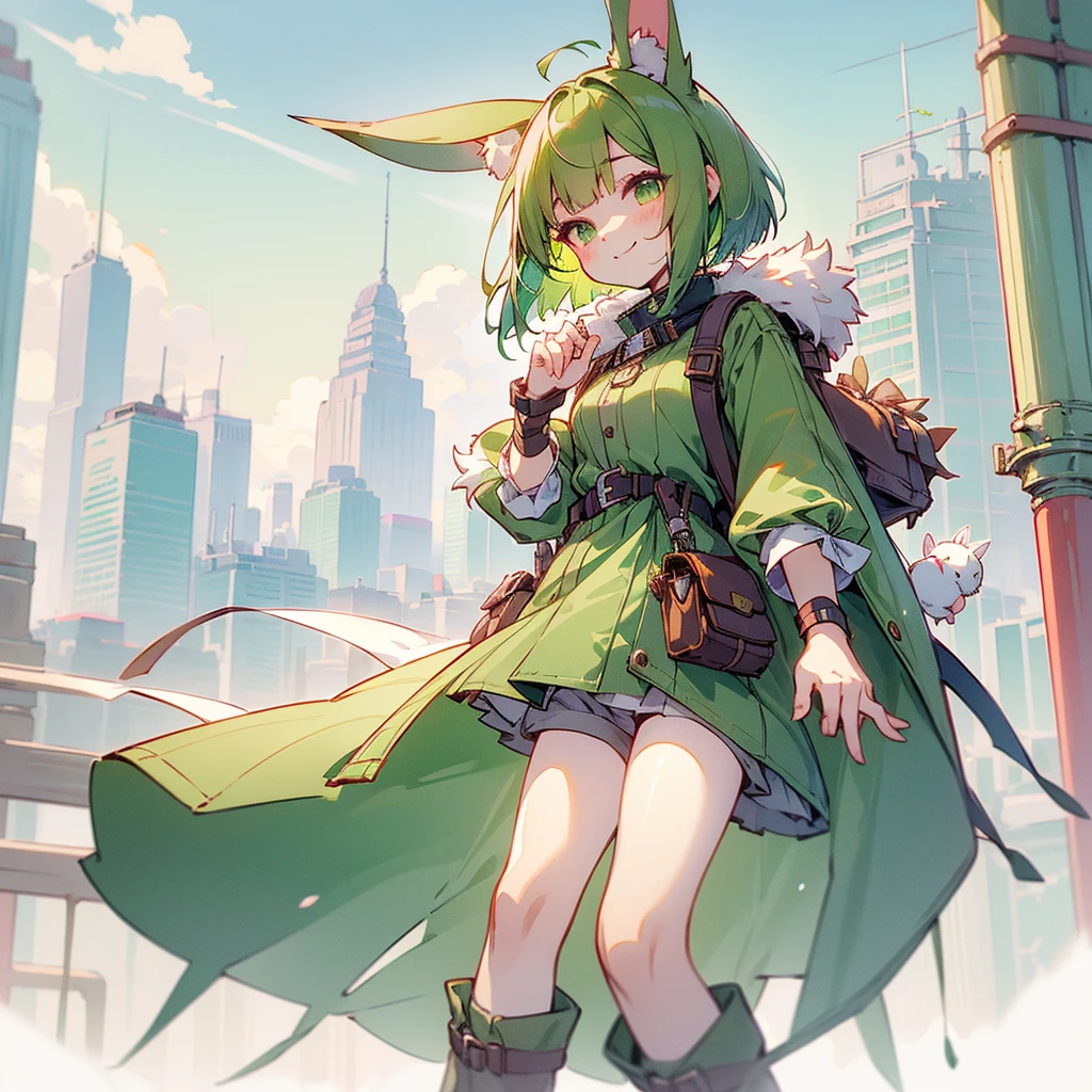 (long Green rabbit ears), green animal ears, (1 girl), green hair, green eyes, bob cut, thin eyebrows, smiling, young, alone, Lolita, childhood, short, overall, coat, long boots, red hood, wide pants, harness, fingerless globe, belt, waist pouch, in the city, tiny, baby face, pastel academia, cel anime