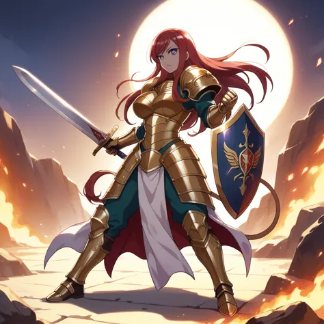 nishikino maki, purple eyes, red hair, long hair,(armor:1.2),golden armor , llchar,  full body,solo, big breasts,(lipstick:0.7),...