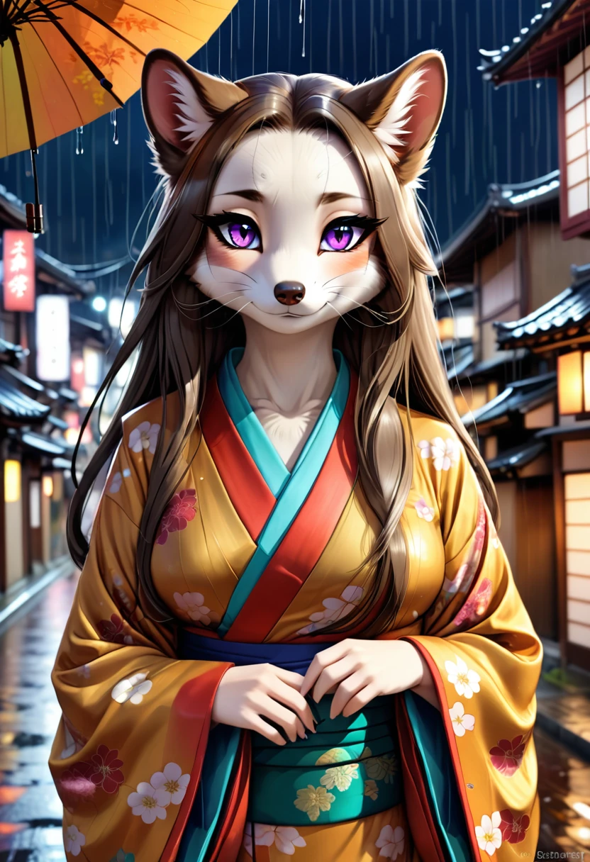 Rich girl in a poor town, cute, slender, beautiful, long flowing hair, hazle eyes, Barnett hair, silk kimono fall colors, october, rain, 9pm, weasel mask, an expression of awe.