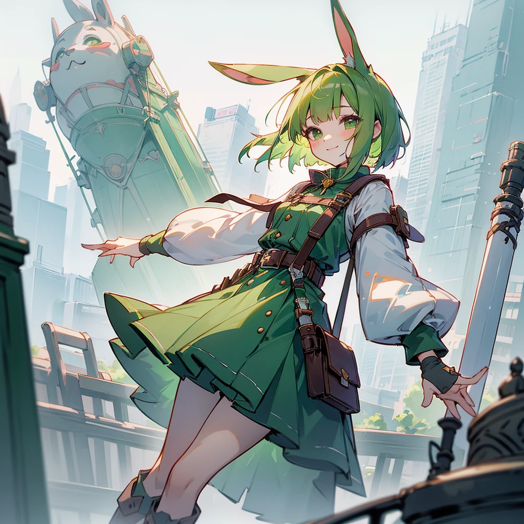 (long Green rabbit ears), green animal ears, (1 girl), green hair, green eyes, bob cut, thin eyebrows, smiling, young, alone, Lolita, childhood, child, short, overall, coat, long boots, red hood, wide pants, harness, fingerless globe, belt, waist pouch, in the city, tiny, baby face, pastel academia, cel anime