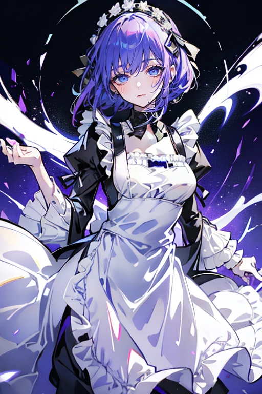 Beautiful face, beauty, white skin, purple-blue eyes, short purple-blue hair, hair covering her left eye, cute body, Cute waitress outfit, detailed black dress, white embellished apron, An ornate dress containing embellishments and bows, a castle maid's dress, black tie, castle background, Touka Kirishima, Tokyo Ghoul 