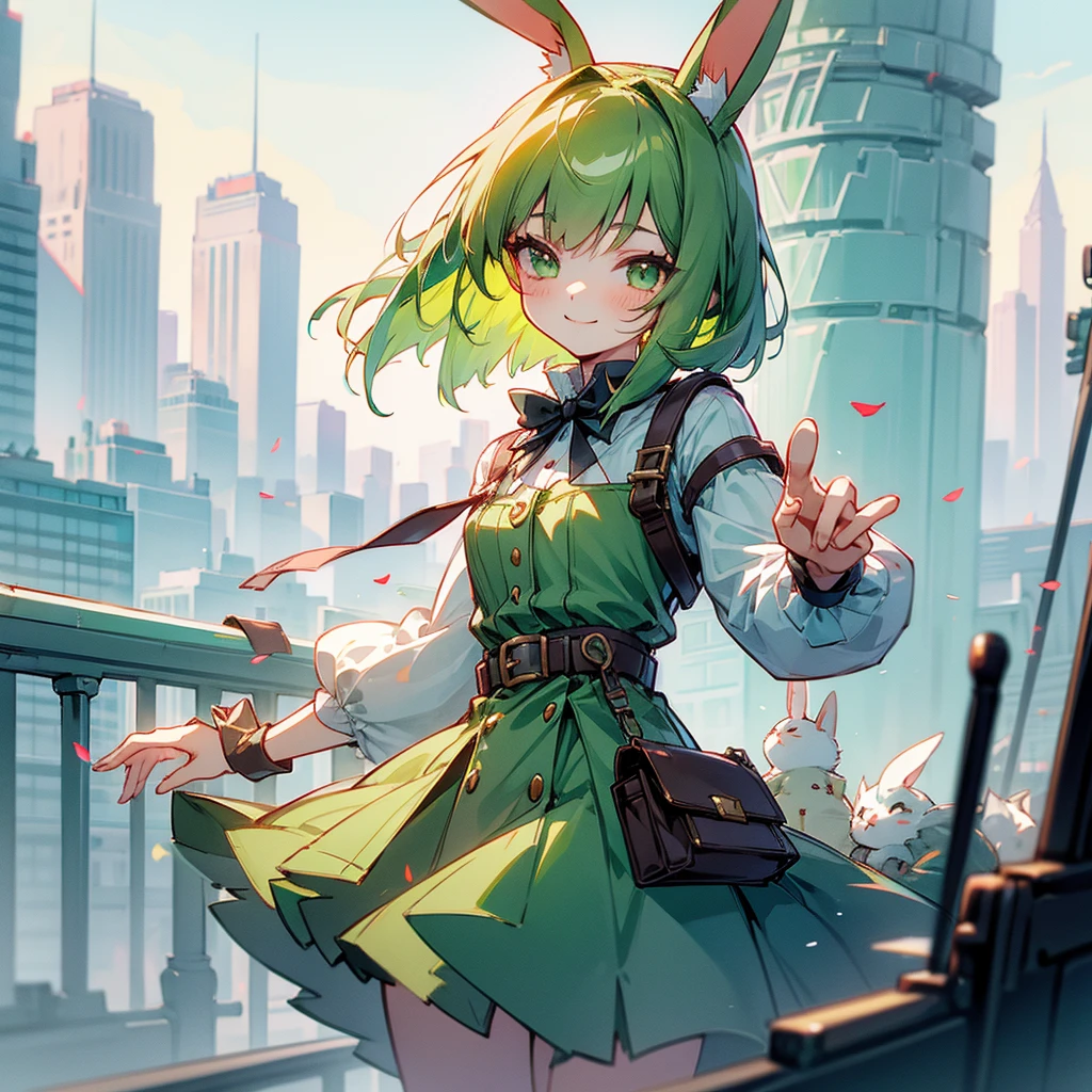 (long Green rabbit ears), green animal ears, (1 girl), green hair, green eyes, bob cut, thin eyebrows, smiling, young, alone, Lolita, childhood, child, short, overall, coat, red hood, harness, fingerless globe, belt, waist pouch, in the city, tiny, baby face, upper body, half body photo, pastel academia, cel anime