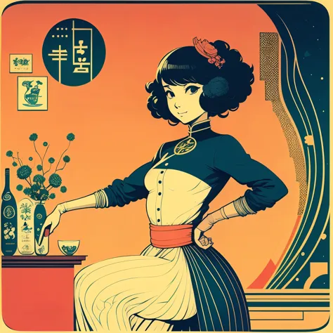 1 petite girl, tiny body, round face, curly hair, smile, drink sake, bar, advertising poster style, english title-logo, full len...