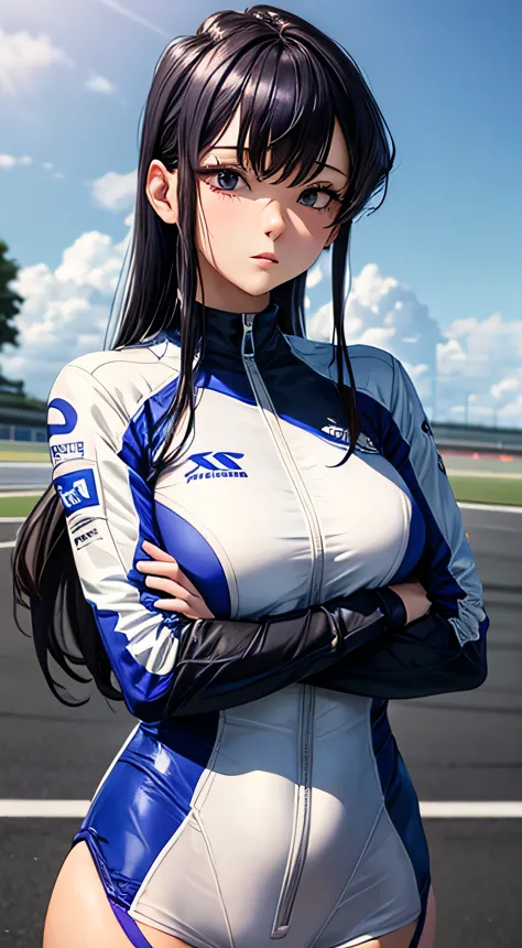 female racer in white and blue racing suit stands in front of white and blue racing car　dark purple hairkomi shouko　monza circui...