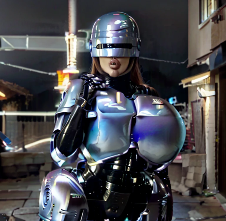 Back alley, female Robocop, big, huge breasts, beautiful, tall, sexy body, wearing Robocop helmet, mouth looking, full view
looking at you, hands behind head, mouth wide open, surrender pose