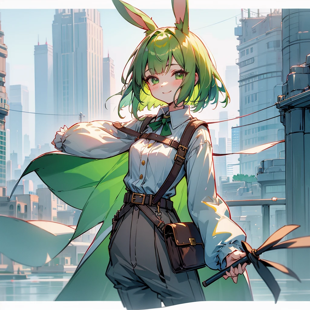 (long Green rabbit ears), green animal ears, (1 girl), green hair, green eyes, bob cut, thin eyebrows, smiling, young, alone, Lolita, childhood, child, short, overall, coat, red hood, harness, globe, pants, belt, waist pouch, in the city, tiny, baby face, upper body, half body photo, pastel academia, cel anime