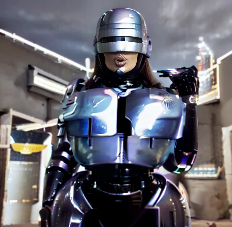 Back alley, female Robocop, big, huge breasts, beautiful, tall, sexy body, wearing Robocop helmet, mouth looking, full view
looking at you, hands behind head, mouth wide open, surrender pose