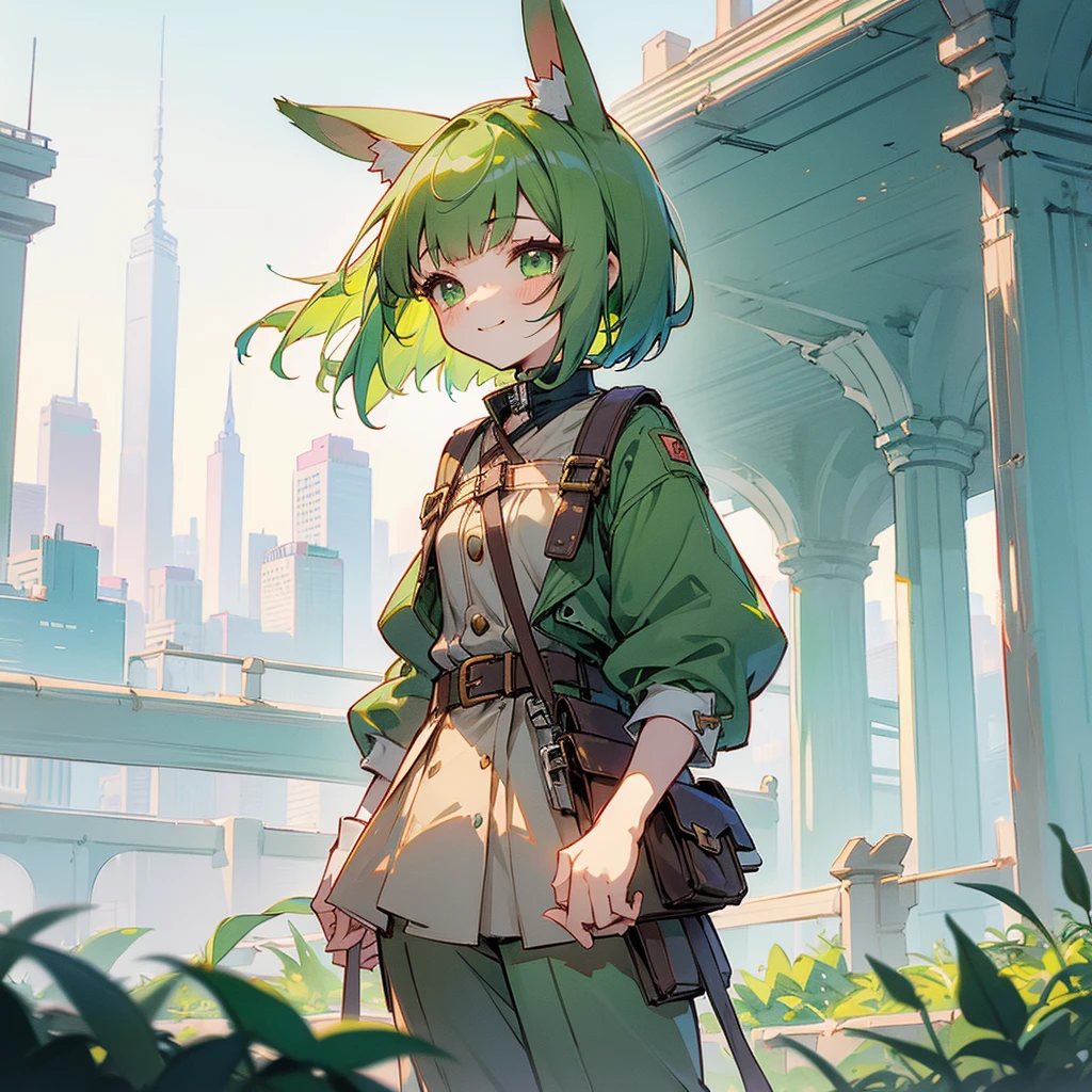 (long Green rabbit ears), green animal ears, (1 girl), green hair, green eyes, bob cut, thin eyebrows, smiling, young, alone, Lolita, childhood, child, short, overall, coat, long boots, red hood, wide pants, harness, fingerless globe, belt, waist pouch, in the city, tiny, baby face, pastel academia, cel anime, upper body, half body photo