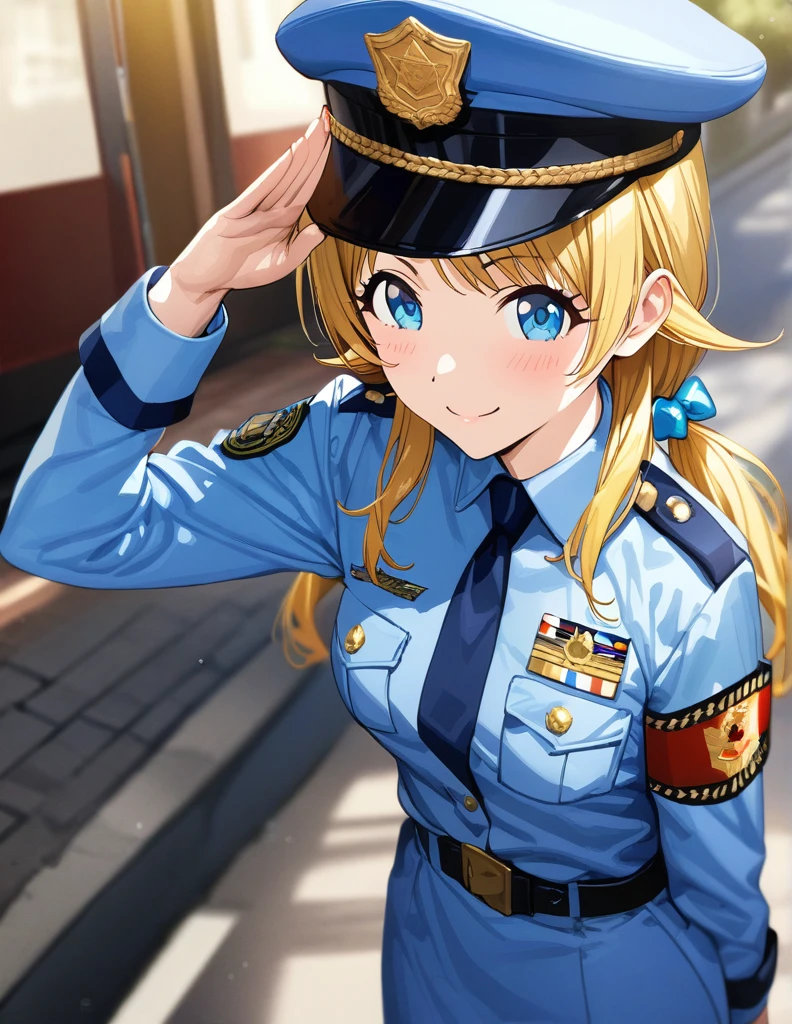 (masterpiece),(Highest quality),(Very detailed),(Best illustrations),(Best Shadow),(Absurd),(Detailed Background),(so beautiful), 
official style,

Meguru Hachimiya, blonde hair, long hair, Blue eyes,

the idolmaster shiny colors,
low twintail,
chest,
Detailed eyes,
(salute:1.2),
Police woman uniform, 
Police hat,
blush,
smile,.

alone,
Japan,
street,
Background Blur, 
(realistic skin:1.2),