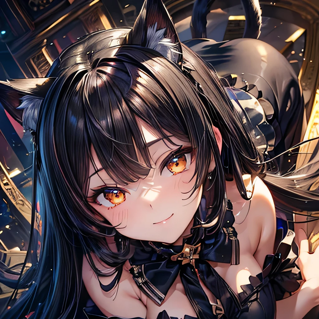  ((masterpiece,best quality,ultra-delicate,Perfect Face,16k,high resolution,very beautiful girl)),black cat girl,smile,black dress,black cat ears,black cat tail,black hair,pamper pose,from above,golden eyes