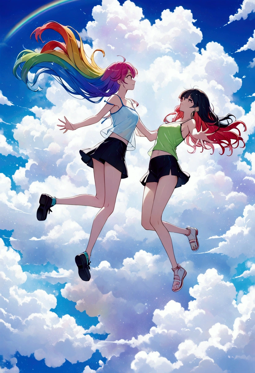 woman,Reaching out, rainbow-colored hair,Long Hair,Shorts Camisole,mini skirt　Big fluffy cloud,noon,It rains,, Floating in the clouds, falling upside down, holding hands, gazing at each other 　Catching the wind, the cityscape seen in the distance