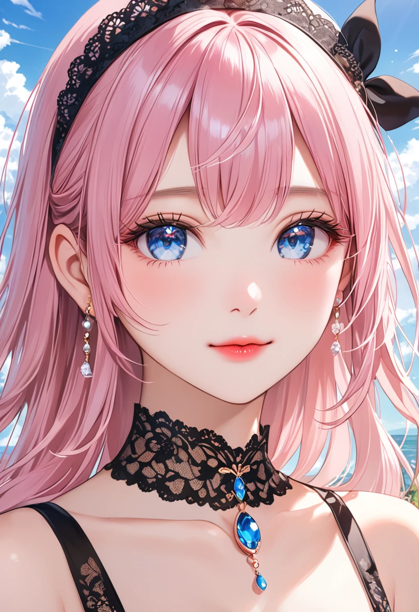 (Highest quality、masterpiece、Ultra-fine、Ultra-fine、delicate、delicate、16K、Full HD) 、((boost mood)),One girl, alone,One girl, lillia, One Girl、 long hair、blue eyes、White dress with black lace、large pink ribbon on the chest、sunny、smile、(full of energy)(Blue eyes、Long eyelashes、White skin、slim、Pale  lips、Pale pink cheeks、thin and long)、(thin and high nose、Small Nose)、