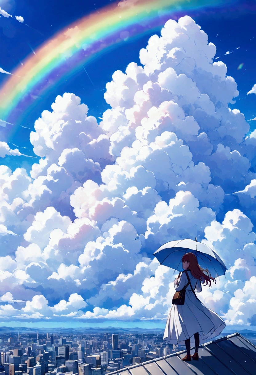 Big fluffy cloud,noon,It rains,rainbow, 　Catching the Wind: Cityscape - A girl looking down on the city from the rooftop of a skyscraper 