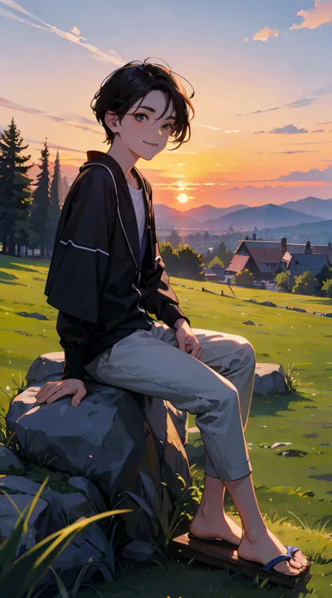 a happy ，dressed in casual attire，wear slippers，sit on the rocks of the meadow，the background is the village，there is a cute lit...