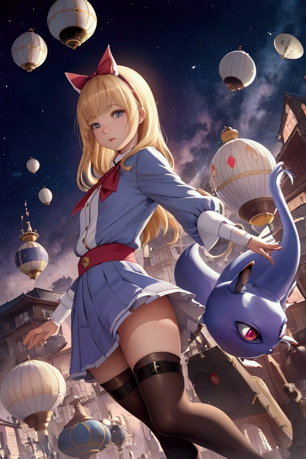 Charles Robinson, Károly Józsa, Yuriko Yamawaki, katsuhiro Otomo, Ivan Kirkov, Surrealism, Mysterious, Bizarre, Outlandish, Fantasy, Sci-fi, Japanese Anime, Alice, a beautiful blonde miniskirt girl who jumps out of the movie screen, perfect voluminous body, Cheshire Cat and card guards are chasing Alice, detailed masterpiece 