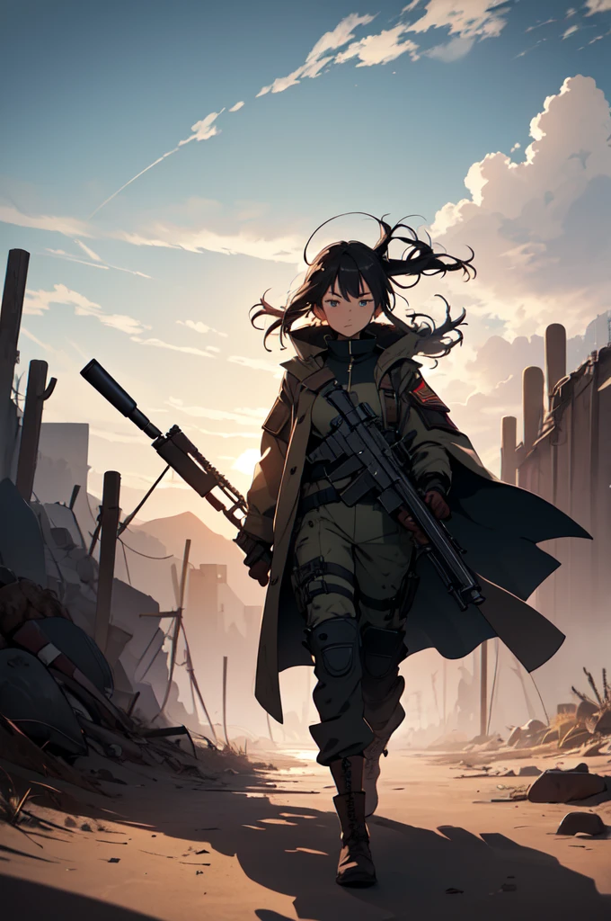 ((anime style painted concept art)), (long shot:1.3), solo, full body, female soldier, Black woman, dreadlocks tied messily, toned muscles, (desert, marching alone, carrying a large gatling gun on her shoulder), wearing a hooded heavy coat over her combat gear, dark color, tattered and frayed, dark fabric covering the lower half of her face for dust protection, sharp eyes, veteran soldier face, strong spirit, named soldier, dirty and rugged look, cloudy sky, strong winds blowing against her body, harsh desert march, cool silhouette, simple and rough background