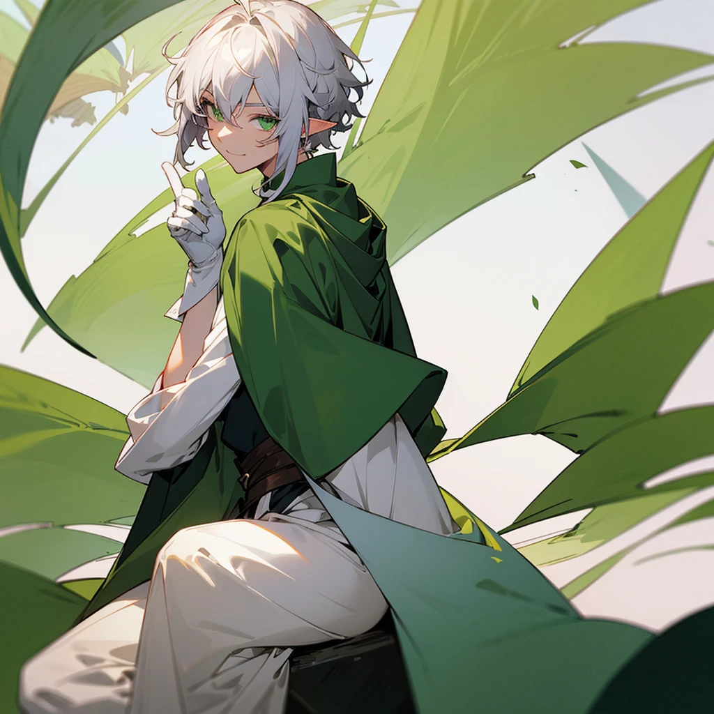 elf, male, silver hair,short hair, medium cut, ahoge, curly hair, green eyes,slender, fair skin, green robe, cloak, White gloves, cool mild Smile, windmill, sitting, looking back