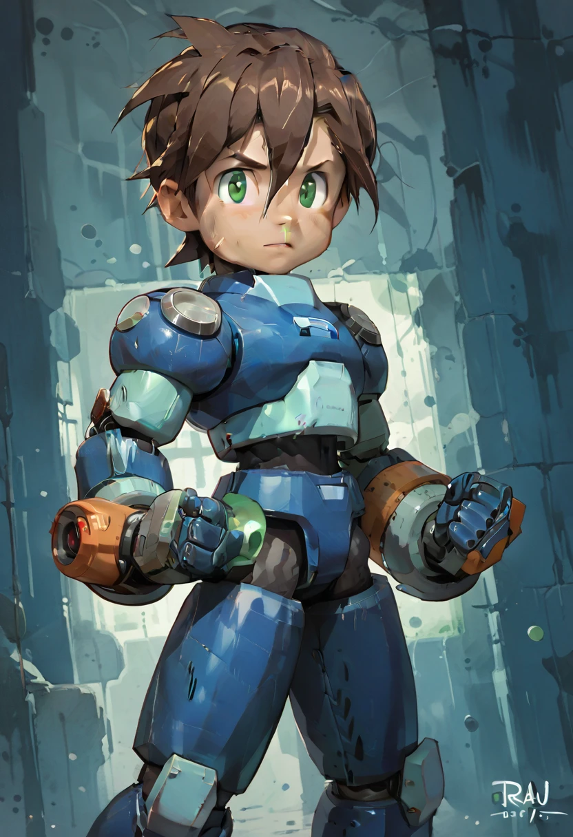 Highest quality,RAW Photos,Professional Art Works,Guts pose,m3g4m4n,Blue Armor,Muscular,Brown Hair, boy,Chibi,male focus, brown hair, green eyes, 独奏, android, hair between eyes,