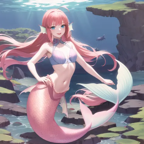 masterpiece, best quality, highres, bbcaster, mermaid, scales pink yellow mermaid tail below waistline, long hair, red hair, aho...