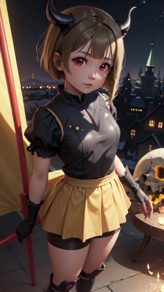 (Highest quality，masterpiece)，One girl, solo, Anime Screencap，Ray Tracing，Global Illumination，ultra hi resolution picture，Bright colors，Depth of written boundary，Valhalla Castle，cute，night，Yellow-brown hair，Bobcut，short hair，ワンレングスBobcut，Asymmetrical Hair，Long left hair，Red Eye，Kasumi Nakasu，Devil horns，Dark Witch，Skull Stick，Black Costume
