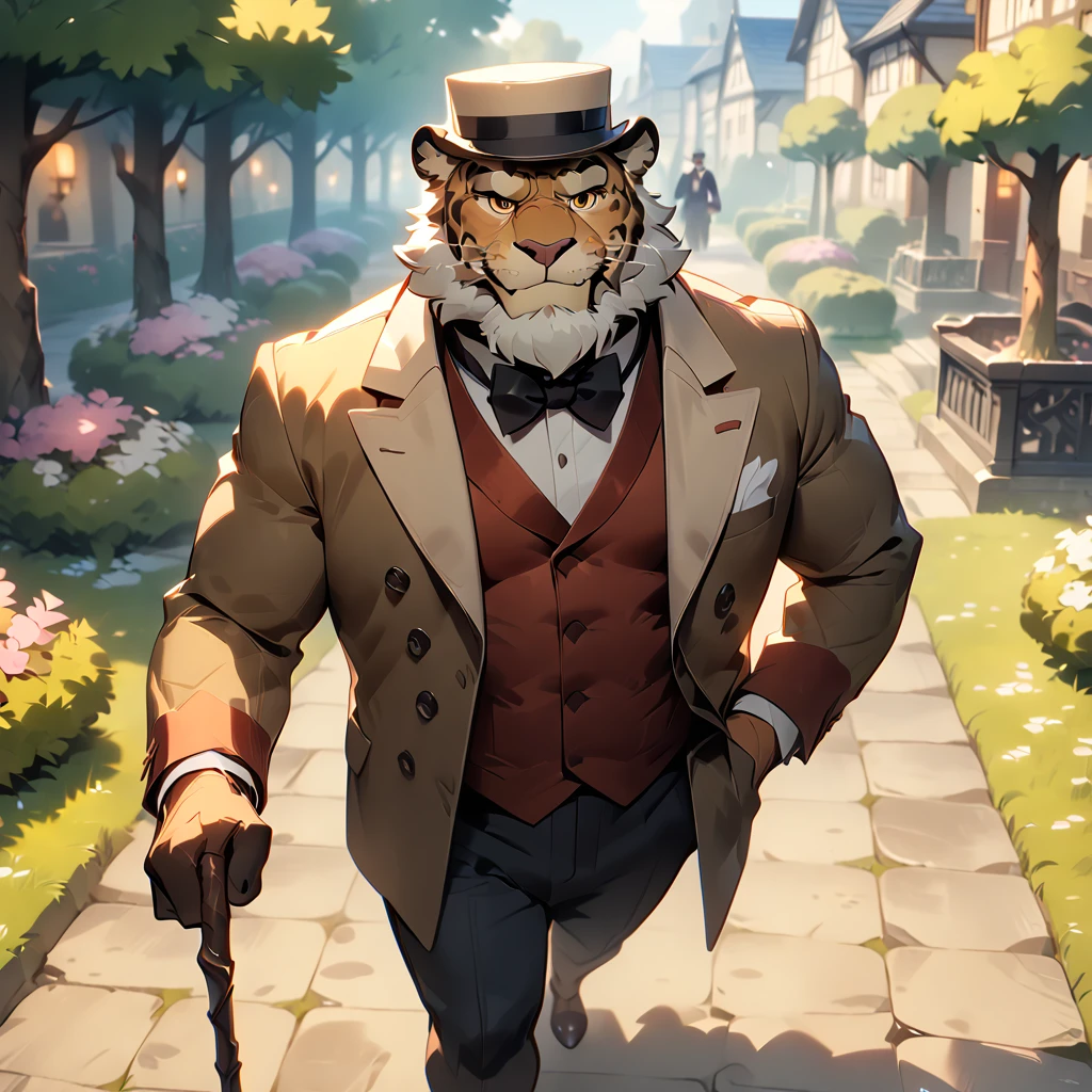 dynamic angle, gentleman, plump middle-aged british jaguar man, silk hat, walking stick, light smile, take a walk, brown eyes, beautiful beard, male face, big face, square jawline, male eyes, sharp eyes, big eyes, male eyebrows, innocent look, fluffy body, BREAK english garden, masterpiece, best quality, very aesthetic, absurdres,