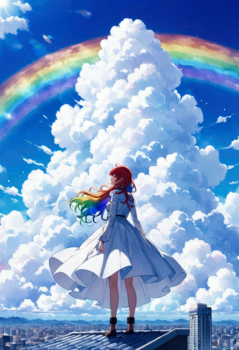 Big fluffy cloud,noon,It rains,rainbow, 　Catching the Wind: Cityscape - A girl looking down on the city from the rooftop of a skyscraper 