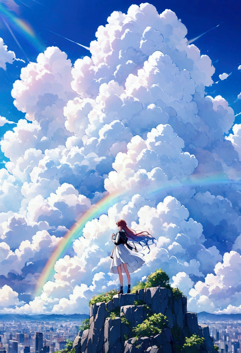 Big fluffy cloud,noon,It rains,rainbow, 　Catching the Wind: Cityscape - A girl looking down on the city from the rooftop of a skyscraper 