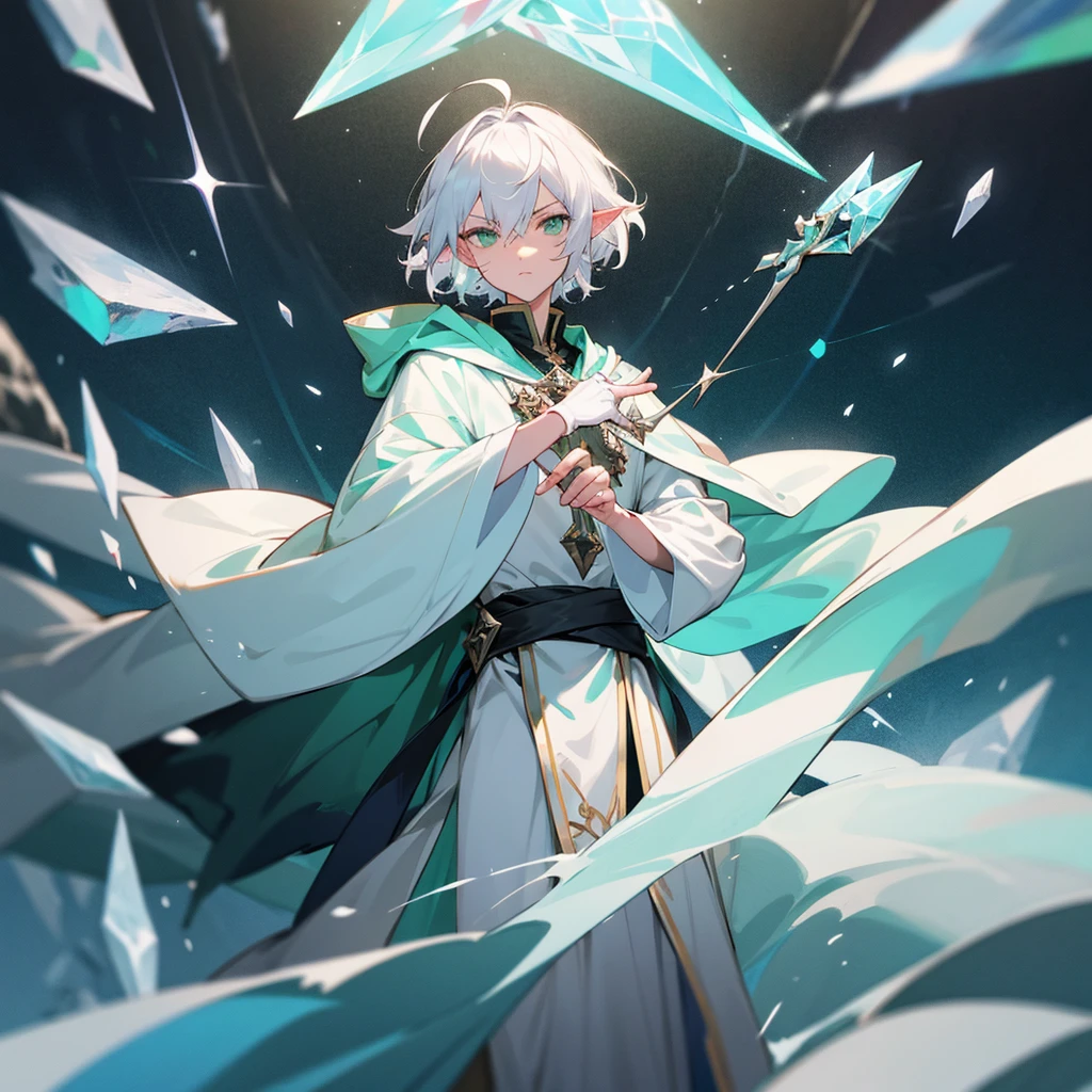 elf, male, silver hair,short hair, medium cut, ahoge, curly hair, green eyes,slender, fair skin, wizard, with a magical wand, green robe, cloak, White gloves, raise right hand￼, intelligent, determined, serious look, spell casting, glowing runes, pillars of ice, crystalline shards, frosty illusions, icy breath, 