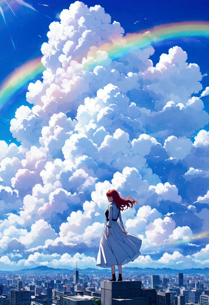 Big fluffy cloud,noon,It rains,rainbow, 　Catching the Wind: Cityscape - A girl looking down on the city from the rooftop of a skyscraper 