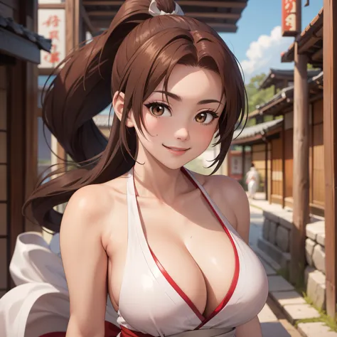 mai shiranui, brown eyes, big breasts, smile, shiny brown hair , big breasts, traje mai shiranui, red and low cut, background of...