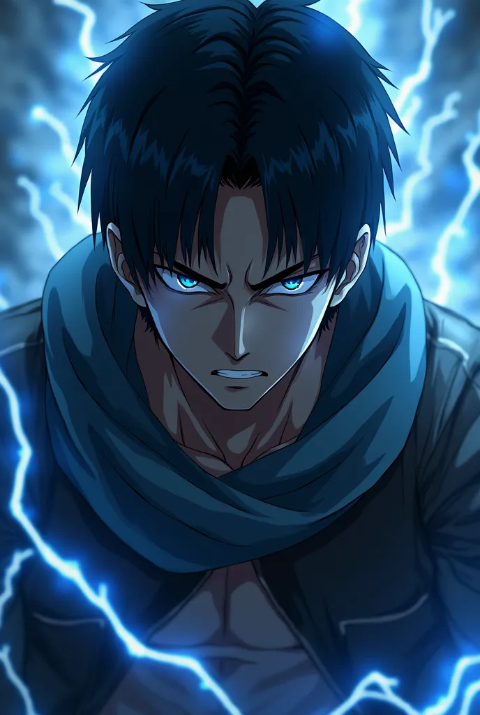 Handsome Adult Eren Yeager Wearing Cloak And With Lightning Aura Surrounding Her Super Detailed,, 8K Octane, Image Fill, Blue eyes, Angry, Cinematic Lighting, 