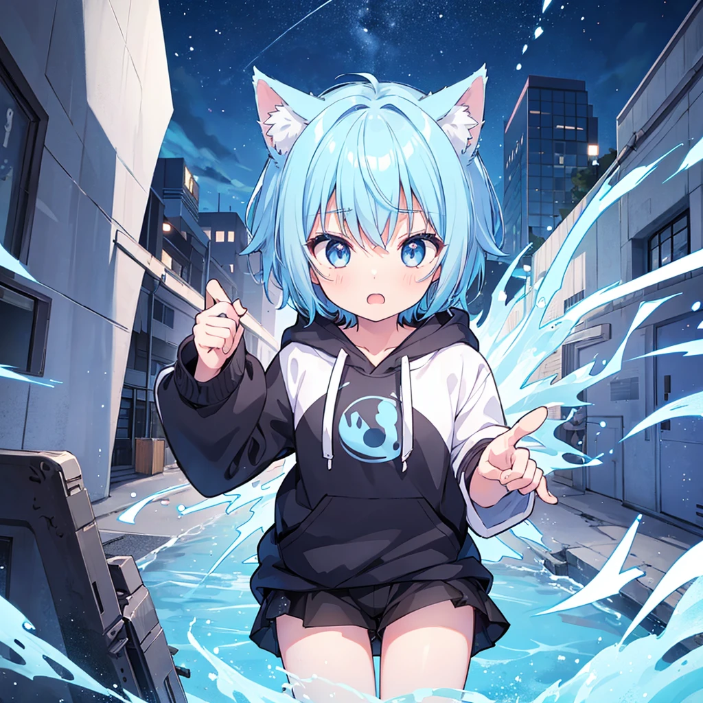 1 person，front，male，Light blue hair，Short hair，White eyes，Dog ears，Surprised face，About high school students，Black hoodie，Moe sleeves，Pause，Black shorts